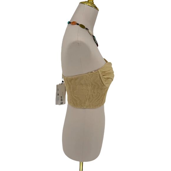 Zara Bustier Crop Top MEDIUM Beige Linen Blend Wire Corset Sweetheart Smocked - Picture 8 of 14